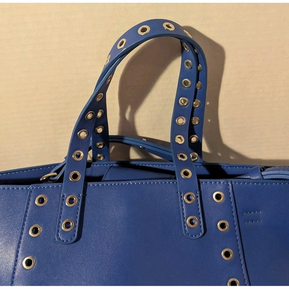 French Connection Purse Blue Faux Leather Bag Tote Grommets Double Handle - Picture 8 of 16
